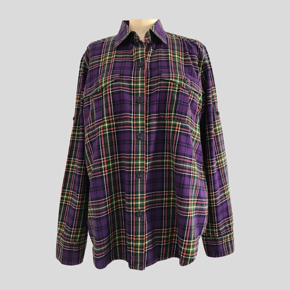 LRL Ralph Lauren Purple Plaid Long Sleeve Cotton Casual Shirt Womens Size L